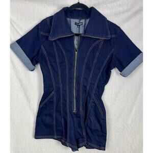 Fashion Nova Vera Denim Romper | Dark Wash Zip-Front Utility Jumpsuit | Size M